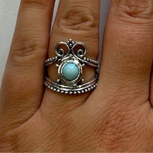 Yicen Bohemian Silver Wide Open Band with Turquoise Stone Ring Size 8